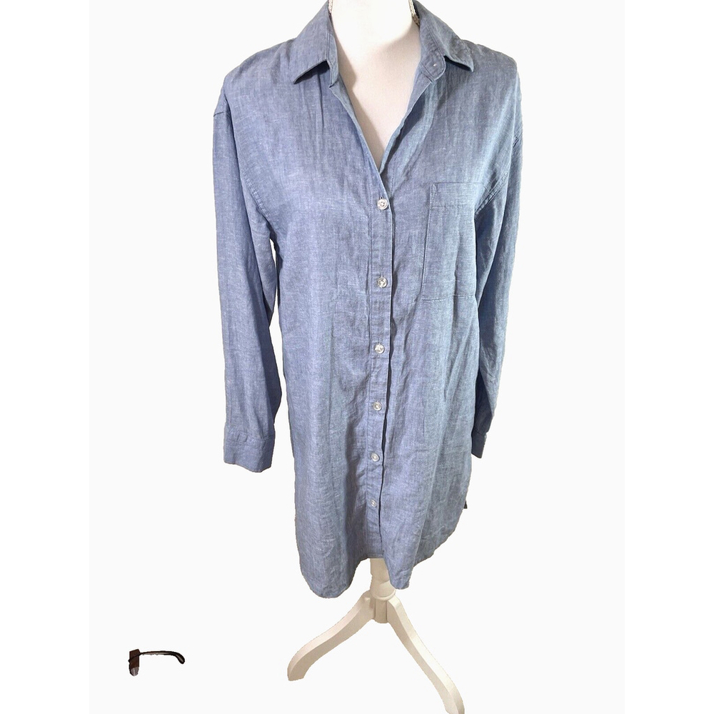 Stars Above Long Sleeve Button Up Blue Shirt Dress Linen Blend Sz XS